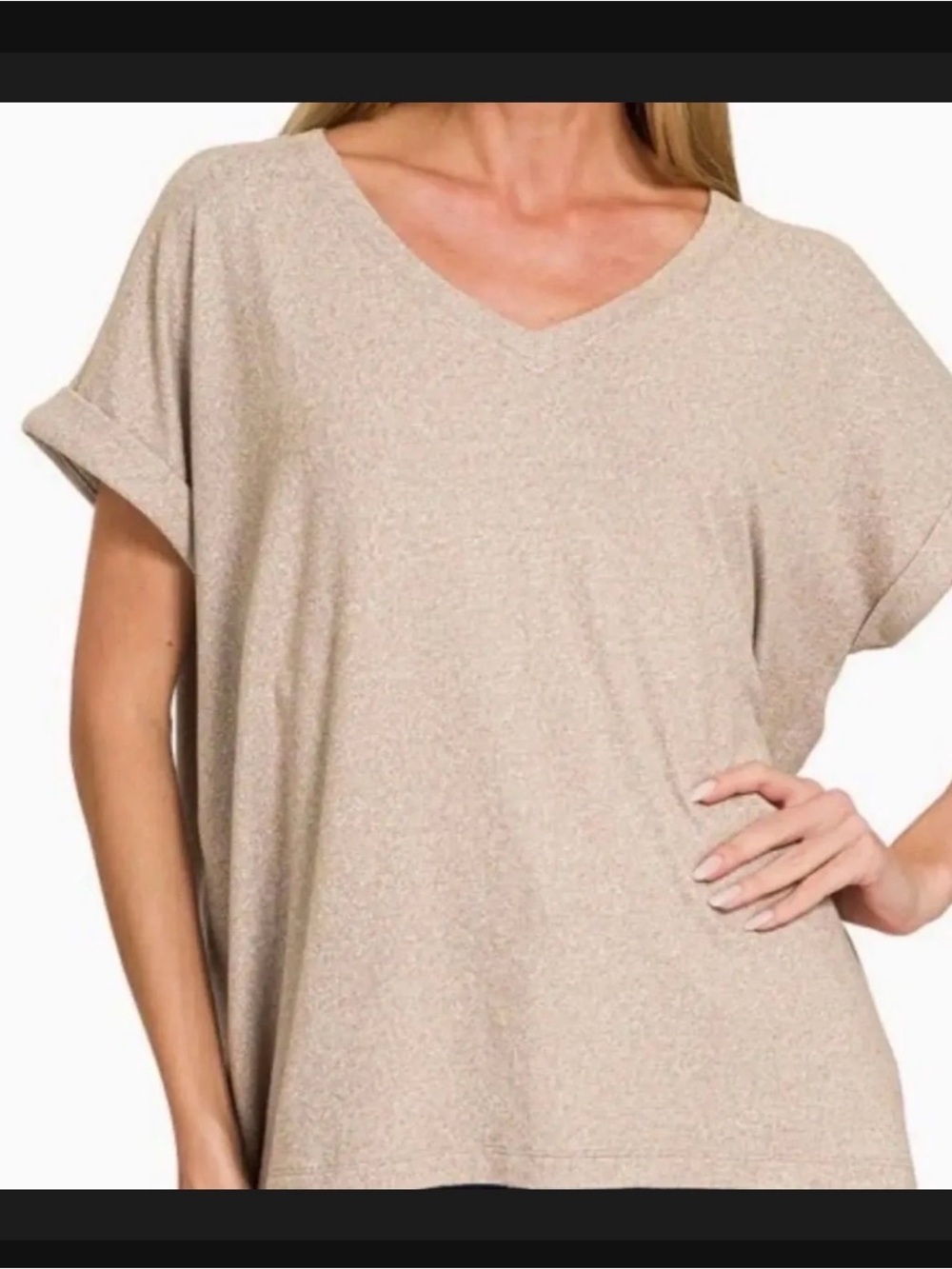 Zenana Outfitters Hacci V-Neck Short Sleeve Tunic in Light Taupe